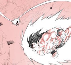  abs amayuki318 aura biceps blood blood_from_mouth bodysuit boots broad_shoulders clenched_hands clenched_teeth collarbone commentary_request dragon_ball dragon_ball_z duel feet_out_of_frame flying from_above from_behind gradient_background highres injury jumping looking_at_another martial_arts_belt monkey_tail monochrome motion_lines muscular muscular_male orange_dougi pink_background red_background rock saiyan_armor son_goku spiky_hair tail tail_around_own_waist teeth thick_eyebrows thick_neck topless_male torn_clothes vegeta white_boots wristband 