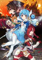  1boy 4girls :< a_rank_party_wo_ridatsu_shita_ore_wa_moto_oshiego-tachi_to_meikyuu_shinbu_wo_mezasu ahoge armor blue_cape blue_dress blue_hair blush bow_(weapon) braid braided_ponytail breastplate breasts brown_shoes cape commentary_request cover cover_page dark-skinned_female dark_skin dress fang faulds full_body fur-trimmed_cape fur_trim holding holding_bow_(weapon) holding_staff holding_sword holding_weapon hood hooded_cape loafers long_hair long_sleeves mage_staff marina_(aparida) medium_breasts miniskirt multiple_girls nene_(aparida) novel_cover orange_hair pleated_dress pleated_skirt pouch rain_(aparida) raised_eyebrows red_hair red_skirt ringlets shirt shoes short_dress silk_(aparida) skin_fang skirt staff sunset super_zombie sword thigh-highs v-shaped_eyebrows vambraces weapon white_hair white_shirt white_thighhighs yuke_(aparida) 