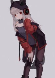  1girl animal_ears arknights beanie black_hat black_jacket black_pantyhose black_skirt breasts commentary_request ears_through_headwear feet_out_of_frame fox_ears fox_girl fox_tail frostleaf_(arknights) grey_background grey_hair grey_shirt hat highres jacket knee_pads long_hair looking_at_viewer material_growth merlin_(mer71n) multicolored_jacket off-shoulder_shirt off_shoulder open_clothes open_jacket oripathy_lesion_(arknights) pantyhose red_eyes red_jacket shirt simple_background skirt small_breasts solo tail two-tone_jacket 