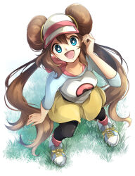  black_pantyhose blue_eyes brown_hair donut_hair_bun double_bun grass hair_bun looking_at_viewer looking_up open_mouth pantyhose pantyhose_under_shorts poke_ball_print pokemon pokemon_black_2_and_white_2 raglan_sleeves rosa_(pokemon) shorts sidelocks twintails visor_cap white_background yellow_shorts yomogi_(black-elf) 