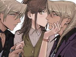  1boy 2girls ace_attorney amikoiiko apollo_justice:_ace_attorney blonde_hair blue_eyes blush boy_sandwich breast_pocket brown_hair chain chain_necklace clone_harem closed_mouth collarbone collared_shirt commentary dark-skinned_male dark_skin drill_hair dual_persona earrings ema_skye facing_to_the_side fingernails from_side green_eyes green_vest gyaruo hair_between_eyes hand_on_another's_chin hetero highres holding holding_hands initial jacket jewelry klavier_gavin lapels light_smile long_hair looking_at_another looking_at_viewer male_focus middle_ring mismatched_eyebrows multiple_girls multiple_rings necklace notched_lapels pink_shirt pink_wrist_cuffs pocket polyamory popped_collar purple_jacket ring sandwiched shirt side_drill simple_background single_earring suit_jacket teeth thumb_ring time_paradox untranslatable_commentary upper_body vest watch watch wrist_cuffs 