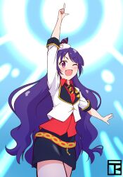  1girl :d ;d ageha_mia arm_up black_skirt blue_background bow collared_shirt commentary_request cowboy_shot diagonal-striped_clothes diagonal-striped_necktie finger_gun from_below hair_bow hair_ornament hair_scrunchie highres jacket long_hair miniskirt necktie one_eye_closed open_mouth outstretched_arm pencil_skirt pointing pointing_up pretty_rhythm pretty_rhythm_dear_my_future pretty_series purple_hair red_shirt scrunchie shimokou0207 shirt skirt smile solo standing striped_clothes striped_necktie three-quarter_sleeves violet_eyes 