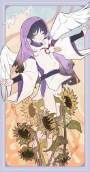  1boy absurdres angel_wings armor barefoot bird black_hair blunt_ends border bow burnt_clothes closed_eyes closed_mouth clothing_cutout dove eyeliner facing_viewer feathered_wings feathers flower full_body genshin_impact gold_border highres hip_vent japanese_armor japanese_clothes kariginu kimono kote kurokote layered_sleeves long_sleeves makeup male_focus open_hands outstretched_arms pants pingfanhh pom_pom_(clothes) purple_border purple_bow purple_kimono purple_sash purple_sleeves purple_veil red_eyeliner sash scaramouche_(genshin_impact) scaramouche_(kabukimono)_(genshin_impact) see-through_clothes see-through_veil side_cutout solo spread_arms string sunflower toes variant_set veil white_bird white_pants white_sleeves white_wings wide_sleeves wings wispy_bangs wolf_cut yellow_feathers 