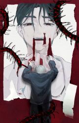  2boys absurdres alien_stage black_eyes black_hair black_pants black_shirt bug centipede commentary english_commentary grey_hair highres ivan_(alien_stage) long_sleeves male_focus multiple_boys open_mouth pants paper red_pupils seppuku009 shirt short_hair tearing_paper till_(alien_stage) 