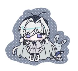  1girl antenna_hair astrae_oratio black_pantyhose blush bow bowtie chibi commission commissioner_upload crepe_commission grey_jacket grey_shoes grey_skirt hair_intakes hair_tie hat jacket long_eyelashes long_hair marinkarin mitsukoe_runa non-web_source pantyhose rabbit shoes short_twintails sketch skirt solo twintails white_hair 