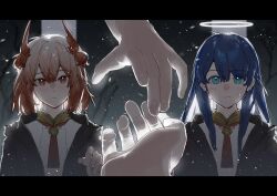  2girls animal_ears arknights bird_ears black_cloak black_jacket blue_eyes blue_hair blush cloak commentary_request double-parted_bangs eye_reflection fiammetta_(arknights) glowing glowing_hair glowing_hand grey_background hair_between_eyes halo hand_focus highres jacket letterboxed light_frown light_smile long_hair looking_at_viewer medium_hair mostima_(arknights) multiple_girls necktie open_clothes open_jacket parted_bangs projected_inset reaching reaching_towards_another red_eyes red_hair red_necktie reflection shenhai_shenye shirt short_necktie snow snowing straight-on sweatdrop upper_body white_halo white_shirt 
