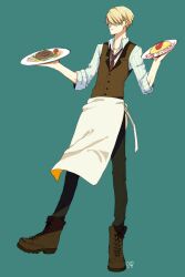  1boy apron aqua_background blonde_hair blue_shirt boots brown_boots clip_studio_paint_(medium) commentary_request curry_gohan food full_body holding holding_plate male_focus necktie omelet omurice one_piece plate sanji_(one_piece) shirt short_hair simple_background solo steak striped_clothes striped_shirt vertical-striped_clothes vertical-striped_shirt vest 