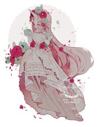  1girl artist_name barefoot beads bow bracelet braid braided_sidelocks bug butterfly clenched_hand dress falling_petals floating floating_clothes floating_hair flower frilled_dress frilled_dress_collar frilled_sleeves frills gem green_butterfly green_eyes green_flower green_petals hair_beads hair_flower hair_ornament head_wreath highres holding holding_flower horns jewelry layered_clothes layered_dress layered_sleeves littlebluemuffin long_hair original pearl pearl_bracelet pearl_choker pearl_hair_ornament petals pink_hair red_flower red_petals ribbon ribbon_trim sidelocks single_horn sitting straight_hair string_of_pearls very_long_hair watermark white_background white_bow white_ribbon 