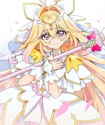  1girl absurdres antenna_hair blonde_hair bow brooch capelet closed_mouth commentary_request cure_arcana dress frilled_capelet frilled_cuffs frills gradient_hair hair_intakes heart heart_brooch highres holding holding_staff jewelry long_hair looking_at_viewer magical_girl meitantei_precure! moria_luluka multicolored_hair precure shine_arcana_rod smile solo staff tsukikage_oyama veil very_long_hair white_capelet white_dress white_veil winged_heart wrist_cuffs 