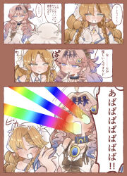  2girls blue_eyes blush braid braided_bangs breasts canon_event closed_eyes commentary_request denia_(wuthering_waves) eating gradient_hair green_eyes hair_ornament highres laser laughing long_hair looking_at_another medium_breasts multicolored_hair multiple_girls orange_hair pink_hair pointy_ears rainbow sigrika_(wuthering_waves) smile smug solid_circle_eyes sunacchouse tearing_up translation_request veil white_mouth white_veil wuthering_waves 