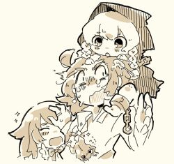  aged_down baby bard_(sekaiju) bard_1_(sekaiju) bard_3_(sekaiju) braid cloak closed_eyes commentary_request cropped_torso cuffs curse_maker curse_maker_2 earrings frog hood hood_up hooded_cloak jewelry monochrome motimamire open_mouth sekaiju_no_meikyuu sekaiju_no_meikyuu_1 shinrin_kaeru_(sekaiju) shirt simple_background smile sparkle sweat tearing_up twin_braids 