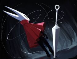  1girl baylego black_pants bug cape cave charged_lumafly_(hollow_knight) collar dark_room eye_socket highres hollow_knight hornet_(hollow_knight) horns looking_afar mask mask_on_head pants planted popped_collar red_cape simple_background solo spider wet_floor wrinkled_fabric 
