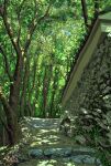  dappled_sunlight day kyoto landscape no_humans original outdoors path scenery signature stairs sunlight suupii tree wall 