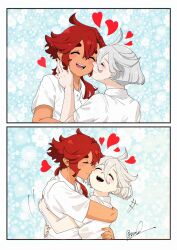  2girls 715piro_gon closed_eyes commentary_request grey_hair gundam gundam_suisei_no_majo hand_on_another's_neck highres hug jewelry kiss kissing_cheek long_hair miorine_rembran multiple_girls open_mouth red_hair ring shirt short_hair smile suletta_mercury thick_eyebrows twitter_username wedding_ring white_shirt wife_and_wife yuri 