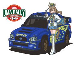  1girl :d absurdres animal_ears aqua_cape aqua_shorts band_uniform boots brown_eyes brown_hair cape car commentary_request gloves hair_between_eyes hand_on_own_hip hat highres holding_baton horse_ears horse_girl looking_at_viewer marching_band_baton motor_vehicle motul_(company) official_alternate_costume open_mouth peaked_cap pirelli rainforce shako_cap shorts simple_background smart_falcon_(luminous_twirler)_(umamusume) smart_falcon_(umamusume) smile subaru_(brand) subaru_impreza thigh_boots umamusume vehicle_focus whistle whistle_around_neck white_background white_boots white_gloves 