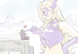  1boy 1girl artist_name blonde_hair bodysuit boku_no_hero_academia breasts building city commentary_request domino_mask eye_mask fake_horns giant giantess gloves hair_behind_ear hand_on_another's_chin highres horns kamui_woods large_breasts long_hair looking_at_another mask masked mount_lady multicolored_bodysuit navel nick_heroaca poking purple_gloves purple_horns purple_mask red_eyes sitting smile standing stroking_another's_chin superhero_costume teasing twitter_username 