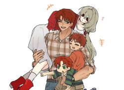  1girl 3boys :d alex_(degrees_of_lewdity) alex_(male)_(degrees_of_lewdity) belt black_belt boots brown_shirt carrying child child_carry closed_eyes collared_shirt degrees_of_lewdity dot_nose double-parted_bangs family father_and_child father_and_son fireman's_carry flying_sweatdrops green_eyes grey_hair hair_between_eyes hands_on_another's_shoulders hetero highres husband_and_wife jacket long_hair long_sleeves looking_at_another low_ponytail medium_skirt missing_tooth mother_and_child mother_and_son multiple_boys one_eye_closed orange_shirt parent_and_child parted_bangs player_character_(degrees_of_lewdity) player_character_(female)_(degrees_of_lewdity) pointing ponytail pppppzom red_boots red_eyes red_hair red_jacket red_shawl shawl shirt short_hair short_sleeves simple_background skirt smile socks striped_clothes striped_shirt sweatdrop teeth toned toned_male upper_teeth_only v-shaped_eyebrows very_short_hair white_background white_shirt white_socks 