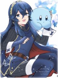  1girl :d blue_cape blue_eyes blue_gloves blue_hair boots breasts bug butterfly cape commentary english_commentary fingerless_gloves fire_emblem fire_emblem_awakening gloves hair_between_eyes highres kirby kirby_(series) kiriya_(552260) long_hair long_sleeves looking_at_viewer lucina_(fire_emblem) official_alternate_color open_mouth red_cape small_breasts smile super_smash_bros. thigh_boots tiara twitter_username two-tone_cape white_background 
