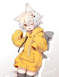  1girl :d ;d animal_ear_fluff animal_ears artist_name black_thighhighs blush commentary_request cowboy_shot dated fang grey_hair hair_between_eyes hair_ornament hairclip highres hood hood_down hoodie long_hoodie long_sleeves medium_hair miyayoki one_ear_down one_eye_closed original paw_print signature skin_fang sleeves_past_fingers sleeves_past_wrists smile solo stuffed_animal stuffed_shark stuffed_toy tail thigh-highs white_background yellow_eyes yellow_hoodie 