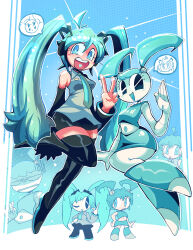  2girls absurdres android aqua_eyes aqua_hair aqua_necktie black_sleeves blue_theme blush_stickers chibi clothed_robot color_connection colored_skin cosplay detached_sleeves ellisbros grey_shirt hair_color_connection hatsune_miku hatsune_miku_(cosplay) headset highres humanoid_robot jenny_wakeman jenny_wakeman_(cosplay) long_hair mechanical_hair metal_skin multiple_girls my_life_as_a_teenage_robot necktie robot robot_girl screw shirt sleeveless sleeveless_shirt speech_bubble twintails v very_long_hair vocaloid white_skin 