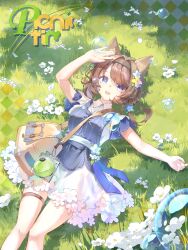  1girl absurdres animal_ear_fluff animal_ears arknights aroma_(arknights) aroma_(picnic_times)_(arknights) bag black_hairband blue_eyes blue_streaks breasts brown_bag brown_hair chinese_commentary collared_dress commentary_request day denim denim_apron dress feet_out_of_frame field flower flower-trimmed_dress flower_field grass hairband highres looking_at_viewer lying multicolored_hair official_alternate_costume on_back on_ground open_mouth outdoors potion short_sleeves smile solo streaked_hair thigh_strap white_dress white_flower wolf_ears xiaogou_shenjing 