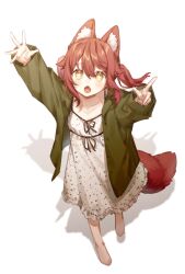  1girl :o animal_ear_fluff animal_ears arms_up barefoot black_ribbon blush chestnut_mouth collarbone commentary_request cross-shaped_pupils dress fang fox_ears fox_girl fox_tail from_above green_jacket hair_between_eyes hands_up highres jacket long_sleeves miyayoki open_mouth original red_hair ribbon sakura_soyoru_(miyayoki) short_twintails solo spaghetti_strap symbol-shaped_pupils tail twintails white_background white_dress yellow_eyes 