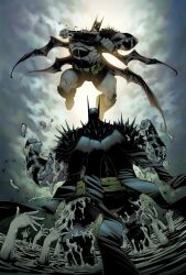  2boys absolute_batman absolute_dc back_spikes bat_mask batman batman_(absolute_dc) batman_(series) batman_symbol battle belt bodysuit clayface dc_comics godtail grey_bodysuit highres male_focus multicolored_suit multiple_boys muscular muscular_male superhero_costume taut_bodysuit taut_clothes two-tone_suit utility_belt 