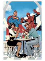 2boys 2girls artist_collaboration black_shoes black_skirt black_vest blue_bodysuit blue_shirt blue_sky bodysuit border cellphone clark_kent crossover dc_comics denim highres holding holding_phone jeans lois_lane marvel mary_jane_watson multicolored_bodysuit multiple_boys multiple_girls outside_border pants phone rachel_dodson red_bodysuit shirt shoes sitting skirt sky smartphone spider-man spider-man_(original_suit) spider-man_(series) superman superman_(series) terry_dodson two-tone_bodysuit two-tone_vest vest white_border white_shirt white_shoes yellow_vest 