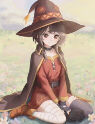  1girl absurdres artist_request asymmetrical_legwear bandaged_leg bandages belt belt_collar between_legs black_cape black_hair black_thighhighs boots callmemarcel cape cat cat_between_legs check_artist chomusuke closed_mouth collar collarbone day dress english_commentary fingerless_gloves gloves grass hat highres kono_subarashii_sekai_ni_shukufuku_wo! large_hat lens_flare looking_at_animal looking_at_viewer megumin mismatched_legwear on_ground orange_boots outdoors petting red_dress red_eyes short_hair_with_long_locks single_thighhigh sitting solo thigh-highs wariza witch_hat zettai_ryouiki 