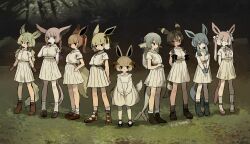  6+girls absurdres animal_ears ankle_socks ankle_strap black_boots black_bow black_eyes black_hair black_shoes blonde_hair blue_bow blue_eyes blue_gloves blue_hair blush bob_cut boots bow bowtie braid brown_boots brown_bow brown_gloves brown_hair brown_shoes brown_socks bush buttons closed_mouth collared_dress collared_shirt colored_tips dot_mouth dress eevee espeon fins flareon foliage frills frown full_body glaceon gloves grass green_bow green_hair grey_bow grey_hair hair_bow head_fins highres humanization jewelry jolteon kneehighs leaf_tail leafeon light_rays long_hair long_sidelocks long_sleeves low_twintails mary_janes medium_hair multicolored_bow multicolored_bowtie multicolored_hair multiple_girls multiple_hair_bows no_pupils orange_hair outdoors pantyhose pendant pink_hair pink_shoes pleated_skirt pokemon ponytail purple_bow purple_hair red_bow red_eyes sakutake_(ue3sayu) shirt shirt_tucked_in shoes short_hair short_sleeves sidelocks sign skirt sleeves_past_wrists smile socks straight_hair sylveon tail twin_braids twintails umbreon vaporeon wavy_hair white_bow white_dress white_hair white_pantyhose white_shirt white_skirt white_socks 