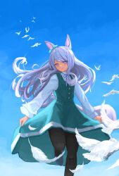  1girl absurdres animal_ears aqua_bow aqua_dress bird black_pantyhose blue_sky bow casual closed_mouth dress ear_bow ear_ribbon highres hirachill16 horse_ears horse_girl horse_tail long_hair long_sleeves mejiro_mcqueen_(casual)_(umamusume) mejiro_mcqueen_(umamusume) pantyhose purple_hair ribbon shirt sky sleeveless sleeveless_dress smile tail umamusume violet_eyes white_shirt 