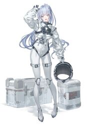  1girl absurdres astronaut bodysuit chest_harness commentary_request hand_up harness helmet high_ponytail highres holding holding_unworn_helmet long_hair makai_no_juumin original ponytail science_fiction solo space_helmet spacesuit thigh_strap unworn_headwear unworn_helmet very_long_hair white_bodysuit 