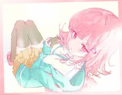  1girl aqua_jacket backpack bag black_thighhighs blunt_bangs border breasts brown_skirt buttons closed_mouth collared_shirt colored_eyepatch commentary controller danganronpa_(series) danganronpa_2:_goodbye_despair dot_nose dress_shirt eyepatch from_above full_body game_controller hair_ornament hairclip halftone holding holding_controller holding_game_controller hood hood_down hooded_jacket invisible_chair jacket large_breasts light_blush long_sleeves looking_at_viewer looking_back medium_hair memeeo0o miniskirt nanami_chiaki neck_ribbon open_clothes open_jacket pink_bag pink_border pink_eyes pink_hair pink_ribbon pink_shoes pleated_skirt ribbon shirt shoes sidelocks sitting skirt sleeves_past_wrists solo thigh-highs untranslatable_commentary white_background white_shirt zettai_ryouiki 