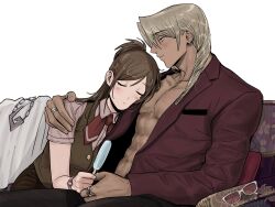  1boy 1girl abs ace_attorney amikoiiko apollo_justice:_ace_attorney black_pants blonde_hair blush blush_stickers breast_pocket brown_hair brown_pants chain chain_necklace closed_eyes closed_mouth collarbone collared_shirt commentary couch dark-skinned_male dark_skin drill_hair earrings ema_skye fingernails floral_print food green_vest gyaruo half_updo hand_on_another's_shoulder highres holding holding_food holding_popsicle index_ring initial jacket jewelry klavier_gavin lab_coat lapels light_smile long_hair long_sleeves looking_at_another male_focus melting_popsicle middle_ring mismatched_eyebrows more_muscular_than_canon multiple_rings naked_jacket neckerchief necklace notched_lapels open_clothes open_jacket pants pectoral_pillow pectorals pillow pink-tinted_eyewear pink_shirt pink_wrist_cuffs pocket popsicle red_neckerchief ring sakuramon shirt short_sleeves side_drill simple_background sitting sunglasses thumb_ring tinted_eyewear toned toned_male unworn_eyewear vest waistcoat watch watch white-framed_eyewear white_background wrist_cuffs 