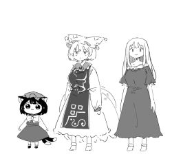  3girls :3 animal_ear_fluff animal_ears animal_hat bow bowtie cat_ears cat_tail chen closed_mouth commentary_request dress expressionless fox_tail full_body greyscale hat height_difference kitsune kyuukei_usagi long_hair long_sleeves looking_at_viewer missing_headwear mob_cap monochrome multiple_girls multiple_tails multiple_views nekomata shirt skirt tabard tail touhou two_tails vest yakumo_ran yakumo_yukari 