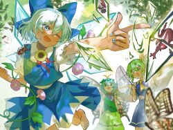  !? 3girls :d ;d aa6jwpe5ji90079 antennae aqua_hair artist_name ascot barefoot beetle blue_bow blue_dress blue_eyes blue_hair blue_nails blue_skirt blue_vest bow bug butterfly butterfly_net butterfly_wings cirno collared_shirt commentary_request cryokinesis daiyousei detached_wings dress eternity_larva fairy fairy_wings flower frog frozen frozen_frog green_dress green_eyes green_hair hair_between_eyes hair_bow hand_net highres holding holding_butterfly_net ice ice_wings insect_wings leaf leaf_on_head leg_up multiple_girls one_eye_closed one_side_up open_mouth pinafore_dress puffy_short_sleeves puffy_sleeves purple_flower shirt short_hair short_sleeves skirt sleeveless sleeveless_dress smile tan tanned_cirno toes touhou twitter_username vest white_shirt wings yellow_ascot yellow_bow yellow_butterfly 