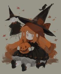  1girl absurdres autumn_leaves bird black_bird black_capelet black_cat black_dress black_shoes bow bowtie capelet cat closed_mouth crow deformed dress falling_leaves freckles grass grey_eyes halloween hat hat_bow highres holding holding_pumpkin jack-o'-lantern layered_dress leaf littlebluemuffin long_hair low-tied_long_hair orange_hair original outdoors pumpkin scarecrow shoes sitting symbol-shaped_pupils very_long_hair witch witch_hat 