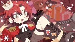  1boy :d absurdres alternate_costume black_boots black_gloves black_shirt blush blush_stickers boots bow bowtie box cape commentary crown dot_nose epaulettes fang gift gloves green_eyes half_gloves highres holostars holostars_english in_box in_container kitt0_o lace-up_boots long_sleeves machina_x_flayon machiroon_(machina_x_flayon) male_focus mini_crown no_lineart open_mouth red_cape red_hair shirt short_hair shorts single_glove six_pointed_star smile star_(symbol) sticker stuffed_animal stuffed_toy teddy_bear thigh_strap virtual_youtuber white_bow white_bowtie 