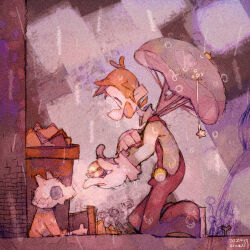  1boy 1other artist_name blue_overalls bone brown_eyes commentary_request cubone dated facial_hair giving green_hat green_shirt hat holding holding_umbrella luigi male_focus missing_headwear mustache outdoors overalls paper_mario_(series) pokemon pokemon_(creature) rain sepia shirt skull solid_oval_eyes super_mario_bros. super_paper_mario trash_can umbrella uroad7 