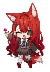  1girl :d ;d animal_ear_fluff animal_ears arm_up asymmetrical_legwear belt black_eyes black_jacket black_ribbon black_shoes black_skirt blush bone borrowed_character bow bow_earrings candy chibi chibi_only chinese_commentary commentary_request cookie_aria earrings extra_ears fang food garter_straps gift_art hair_ornament hairclip highres holding holding_candy holding_food holding_lollipop indie_virtual_youtuber jacket jewelry loafers lollipop long_sleeves looking_at_viewer miyayoki neck_ribbon necktie one_ear_down one_eye_closed open_clothes open_jacket plaid_clothes plaid_necktie pleated_skirt red_hair red_socks ribbon shirt shoes single_hair_intake skin_fang skirt sleeves_past_wrists smile socks solo tail thigh-highs wavy_hair white_belt white_ribbon white_shirt white_thighhighs wolf_ears wolf_girl wolf_tail 