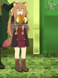  1girl :d animal_ear_fluff animal_ears ankle_boots artist_name belt black_belt black_dress black_shirt boots brown_boots brown_hair child cloak closed_eyes commentary day double-parted_bangs dress english_commentary facing_viewer full_body green_cloak green_pants green_shirt grey_dress hair_between_eyes hair_tubes hands_up headpat highres iwatani_naofumi leather leather_boots long_hair long_sleeves malockser messy_hair metal_hair_tubes metal_wrist_cuffs open_mouth out_of_frame outdoors pants pinstripe_dress pinstripe_pattern raccoon_ears raccoon_girl raccoon_tail raphtalia raphtalia_(young) red_dress shirt short_sleeves signature smile solo_focus standing tail tanuki tate_no_yuusha_no_nariagari watermark yellow_trim 