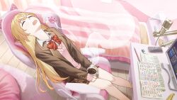  1girl absurdres bed bedroom blazer blonde_hair book bow bowtie brown_jacket brown_skirt cellphone chair closed_eyes coffee_mug collared_shirt commentary cup dicotyle_dons eraser facing_up gaming_chair highres holding holding_cup ienaga_mugi ienaga_mugi_(7th_costume) indoors jacket leaning_back long_hair long_sleeves mechanical_pencil microphone microphone_stand monitor mug nijisanji notebook on_chair open_book open_clothes open_jacket open_mouth pencil pencil_case phone pink_sweater plaid_bow plaid_bowtie plaid_clothes plaid_skirt pleated_skirt red_bow red_bowtie school_uniform shirt sitting skirt smartphone solo steam studying sweater swivel_chair virtual_youtuber white_shirt 