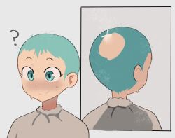  1girl ? abstractpurple alternate_hair_length_(shorter) alternate_hairstyle aqua_eyes aqua_hair balding blush buzz_cut closed_mouth commentary english_commentary eyelashes glint grey_background hatsune_miku highres mirror nervous_smile nervous_sweating nose_blush reflection short_hair simple_background smile solo split_mouth sweat very_short_hair vocaloid 