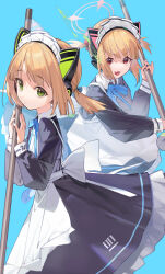  2girls absurdres amana_(pocketkey) animal_ear_headphones animal_ears apron black_shoes blonde_hair blue_archive blue_bow blue_bowtie borrowed_clothes bow bowtie broom bucket cat_ear_headphones cat_ears cat_tail closed_mouth commentary_request dress fake_animal_ears fake_tail fang fingernails from_side full_body green_eyes green_halo halo headdress headphones highres holding holding_broom lifted_by_tail looking_at_viewer maid maid_apron maid_headdress midori_(blue_archive) midori_(maid)_(blue_archive) momoi_(blue_archive) momoi_(maid)_(blue_archive) multiple_girls number_print official_alternate_costume official_alternate_hairstyle open_mouth pantyhose pink_bow pink_halo ponytail raised_eyebrows red_eyes shoes short_ponytail short_twintails siblings sidelocks sisters skin_fang tail tongue twins twintails v-shaped_eyebrows virtual_pet_(toy) water white_apron white_background white_headdress white_pantyhose 