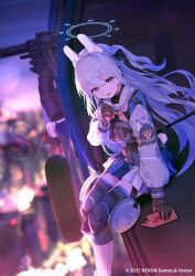  1girl aircraft animal_ear_headphones animal_ears armband attack_helicopter black_bow black_gloves blue_archive blue_shirt blue_skirt blurry blurry_background bow braid bulletproof_vest city commentary company_name copyright_notice detached_sleeves fake_animal_ears gloves group_name gun hair_bow half_up_braid halo headphones helicopter highres holding holding_phone knee_pads load-bearing_vest long_hair long_sleeves looking_at_viewer machine_gun makihitsuji military_vehicle miyako_(blue_archive) neckerchief night official_art one_side_up open_mouth outdoors phone pink_gloves pink_neckerchief pleated_skirt rabbit_ear_headphones rabbit_ears rabbit_tail sailor_collar sailor_shirt sample_watermark school_uniform serafuku shirt sitting skirt smile solo tail thigh-highs watermark weapon white_hair white_skirt 