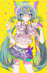  1girl absurdres alternate_costume alternate_hairstyle animal_hat aqua_eyes aqua_hair arm_warmers bandaid bandaid_hair_ornament bandaid_on_arm bow braid butterfly_background butterfly_ornament button_eyes buttons cat_hat chain character_name collar colored_petticoat decora detached_collar doll floral_background frilled_hat frills gloves googly_eyes hair_bow hair_ornament hairclip hat hatsune_miku heart heart_print highres lollipop_hair_ornament low_twin_braids multicolored_hair multicolored_hat necktie petticoat pill_hair_ornament pink_collar pink_hair pink_nails pink_shirt polka_dot polka_dot_skirt purple_gloves purple_necktie purple_skirt red-framed_eyewear safety_pin semi-rimless_eyewear shirt short_necktie single_arm_warmer skirt solo sparkle star_(symbol) star_hair_ornament surin_(65889544) too_many_hair_ornaments twin_braids twintails two-tone_hair under-rim_eyewear vocaloid yellow_background 