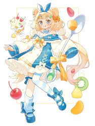  1girl :3 :q absurdres animal_ears bare_shoulders bear_ears bear_girl blonde_hair blue_bow blue_bowtie blue_dress blue_eyes blue_hairband blue_shoes blue_thighhighs blunt_bangs blush bow bow_hairband bowtie cherry closed_mouth commentary_request dress food frilled_dress frilled_thigh_strap frills fruit full_body hair_bow hairband highres kiwi_(fruit) kiwi_slice long_hair long_sleeves looking_at_viewer low_twintails mandarin_orange_slice mary_janes off-shoulder_dress off_shoulder original oversized_object saijo1201 shoes sleeves_past_fingers sleeves_past_wrists smile solo spoon standing standing_on_one_leg striped_clothes striped_thighhighs thigh-highs thigh_strap tongue tongue_out twintails very_long_hair white_background yellow_bow yellow_bowtie 
