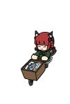  1girl :3 animal_ear_fluff animal_ears bangs black_bow blunt_bangs bow braid cat_ears chibi closed_eyes fish from_above full_body hair_bow highres kaenbyou_rin multiple_tails nekomata redhead simple_background solo standing tail touhou twin_braids two_tails uzuranotamasi wheelbarrow white_background 