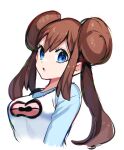  1girl :o bangs blue_eyes blue_sleeves breasts brown_hair cropped_arms cropped_torso double_bun eyebrows_visible_through_hair hair_between_eyes highres long_hair looking_at_viewer medium_breasts pokemon pokemon_(game) pokemon_bw2 print_shirt rosa_(pokemon) shiny shiny_hair shirt simple_background sketch solo twintails very_long_hair white_background white_shirt yuihico 