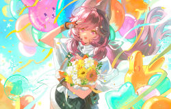  1girl :d ahoge animal_ear_fluff animal_ears arknights balloon black_skirt bouquet capelet chinese_commentary commentary_request cowboy_shot fingerless_gloves floating_hair flower gloves hengxu highres holding holding_bouquet infection_monitor_(arknights) long_hair looking_at_viewer open_mouth orange_flower orange_gloves pink_eyes pink_hair rabbit_ears rabbit_girl shading_eyes skirt sky smile solo thumpy_(arknights) white_capelet white_flower yellow_flower 